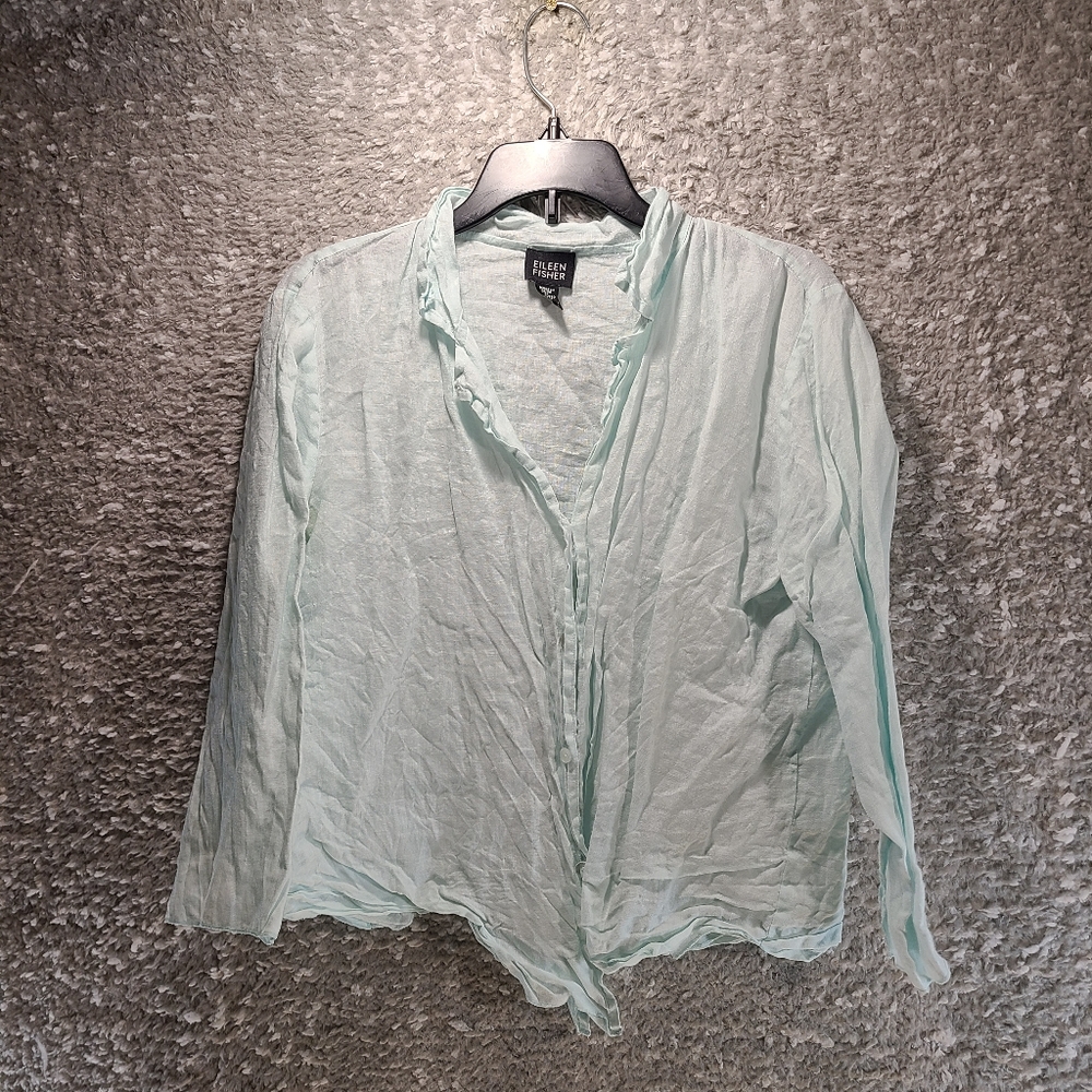 Eileen Fisher Women’s XS Irish Linen Crop Top Button Up Aqua Blue Front Tie Boxy